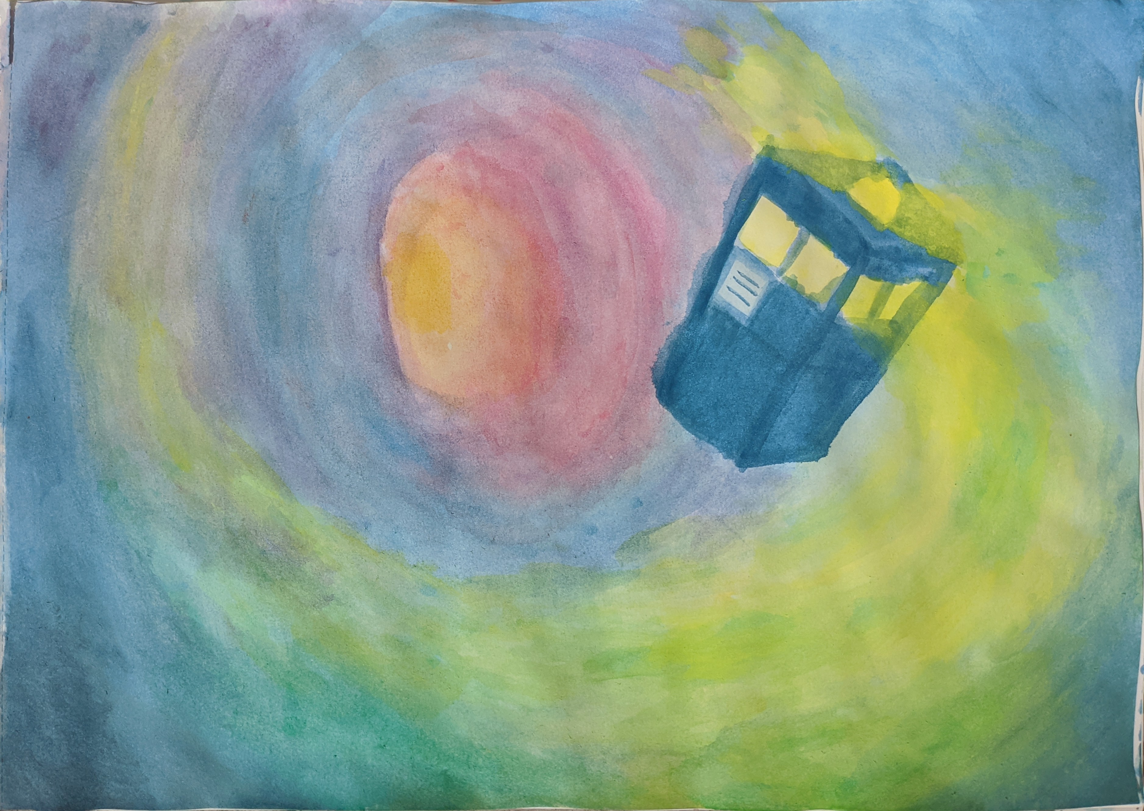 Aquarelle painting. Scene from the Tardis from Doctor Who flying through the time vortex, as shown in many intros. The time vortex is blue in the foreground, shifting towards red and yellow in the distance. The Tardis is bleeding a stream of yellow and green light, which gets sucked into the time vortex.